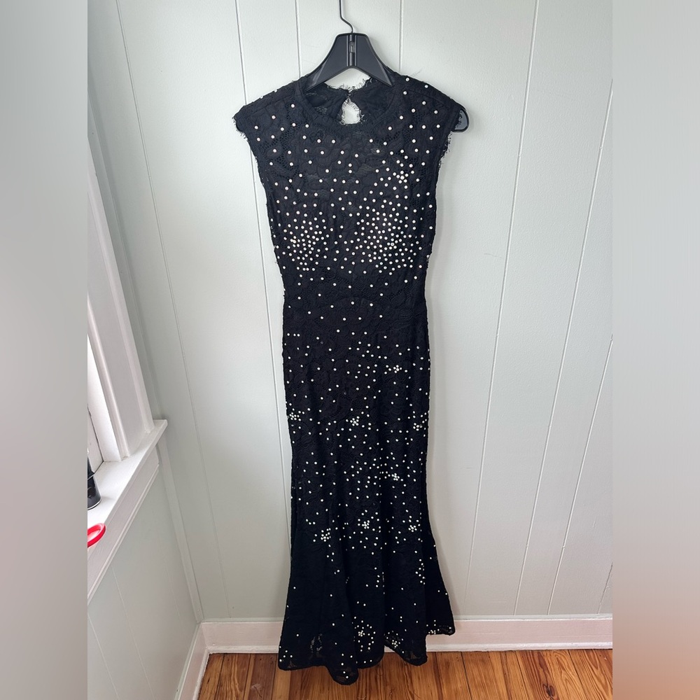 Betsy and Adam Black Lace Diamond Prom Dress Form Fitting Built in Padded Bra